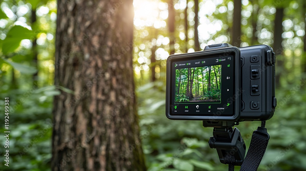 Animal Environmental Sciences Technology concept. Camera capturing a vibrant forest scene, showcasing nature's beauty with sunlight filtering through the trees. Animal Environmental Sciences Technology concept. Camera capturing a vibrant forest scene, showcasing nature's beauty with sunlight filtering through the trees.