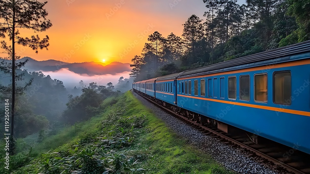 Scenic Sunrise Train Journey Through Misty Mountains Scenic Sunrise Train Journey Through Misty Mountains