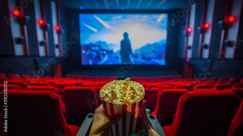Watching a movie at the cinema with popcorn in hand. The big screen shows action, thrillers, or sci-fi. The theater is dark with red seats. The spectator sees the movie from their point of view. photo