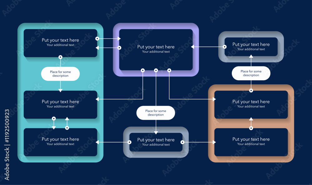 Process flow diagram template with four sections - dark version. Simple infographic template for project data visualization. Process flow diagram template with four sections - dark version. Simple infographic template for project data visualization.