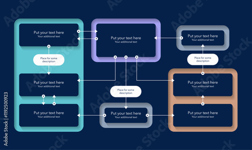 Process flow diagram template with four sections - dark version. Simple infographic template for project data visualization.