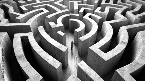 Businessman entering a circular maze looking for a way out, lost in the labyrinth