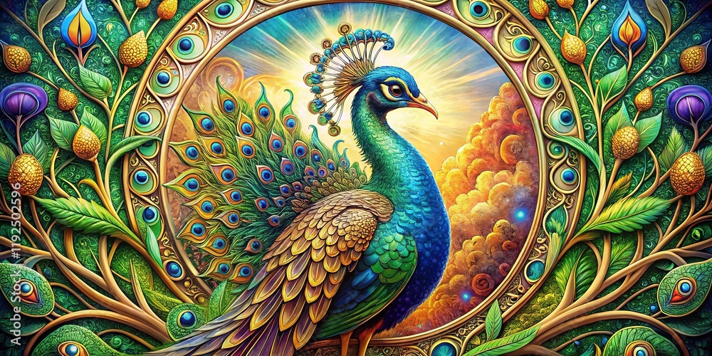Fototapeta premium Art Nouveau Peacock: Luxurious Circular Landscape
