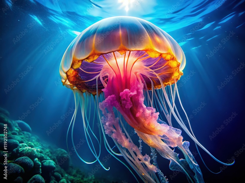 Naklejka premium Bioluminescent Aurelia Jellyfish Glowing in Deep Blue Ocean Water - Stock Photo