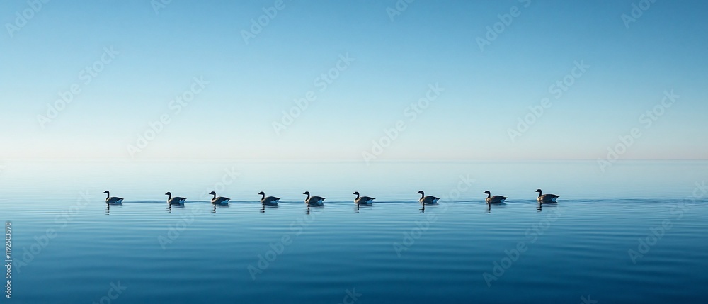 Ducks swim in a calm lake at dawn. Serenity Ducks swim in a calm lake at dawn. Serenity
