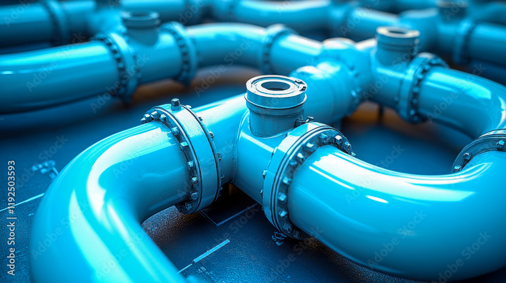 High-quality industrial blue pipes interconnected in a complex arrangement showcasing modern plumbing design and engineering techniques High-quality industrial blue pipes interconnected in a complex arrangement showcasing modern plumbing design and engineering techniques