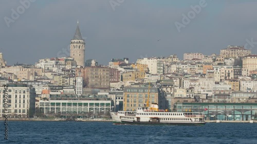 Istanbul Galata Tower Skyline: Cityscape view from Bosphorus, showcasing historical architecture. photo