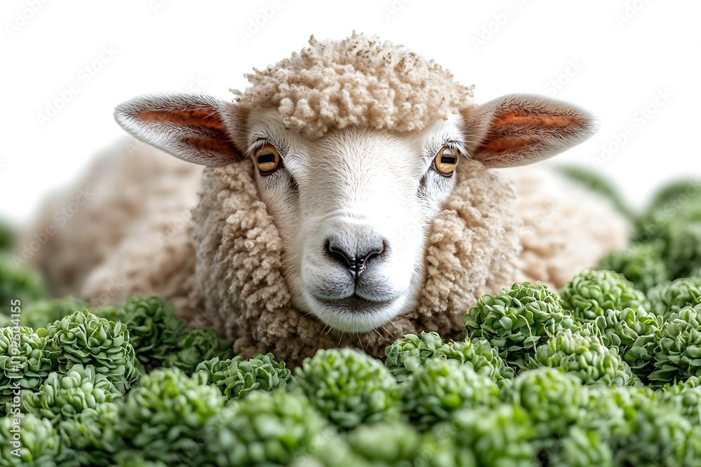Fluffy Sheep Resting Amidst Lush Green Foliage Fluffy Sheep Resting Amidst Lush Green Foliage