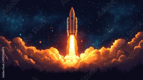 Minimalist rocket launch graphic, sleek design, vibrant colors, dynamic motion, space exploration theme, modern aesthetic, digital art photo