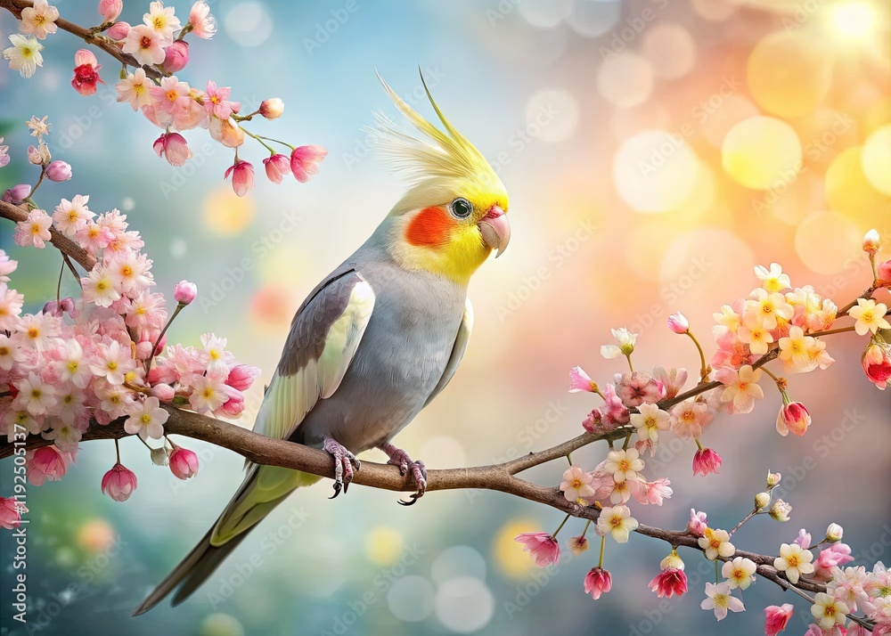 Cockatiel Bird on Pink Blossom Branch - Spring Pet Photo Cockatiel Bird on Pink Blossom Branch - Spring Pet Photo