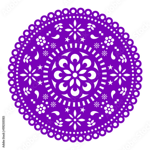 Papel Picado vector floral template round design with flowers, Mexican party paper decorations pattern in purple