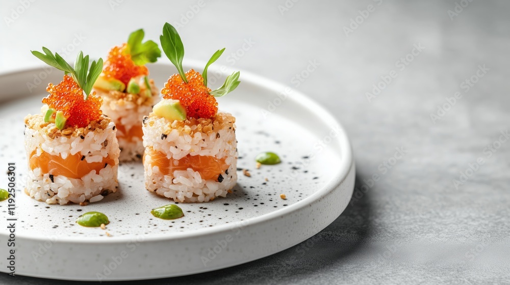 A detailed close-up of beautifully plated sushi rolls featuring vibrant orange roe, fresh herbs, and avocado topping, displayed on a white ceramic plate,with copy space. A detailed close-up of beautifully plated sushi rolls featuring vibrant orange roe, fresh herbs, and avocado topping, displayed on a white ceramic plate,with copy space.
