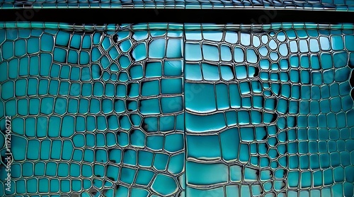 Close-up of a glossy turquoise surface with a crocodile skin like texture and pattern photo