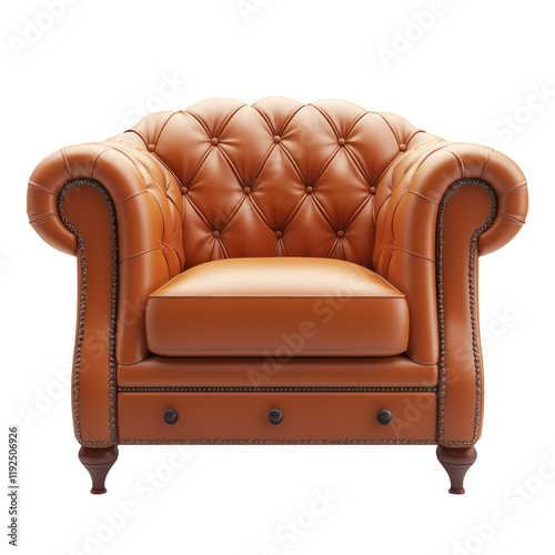 Elegant Brown Leather Armchair with Tufted Design Isolated on Transparent Background