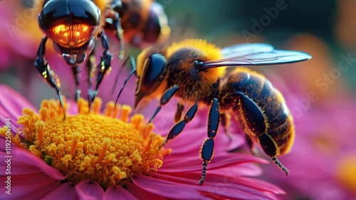 Futuristic robotic bees pollinate flowers with precision, blending technology and nature to preserve ecosystems. A vision of ecological harmony and innovation