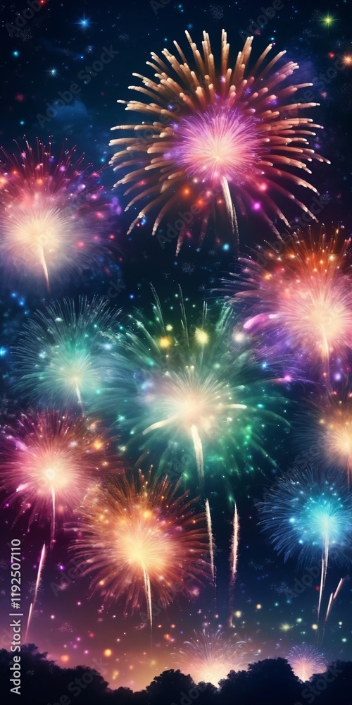 Naklejka premium Dazzling display of fireworks bursting in a variety of colors against the night sky, symbolizing celebration festivity
