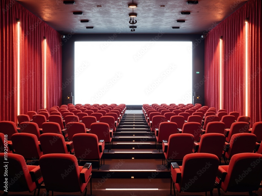 Fototapeta premium Empty Modern Movie Theater with Red Seating and Blank Screen