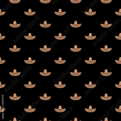 Traditional Mexican sombrero hat icon isolated seamless pattern on black background
