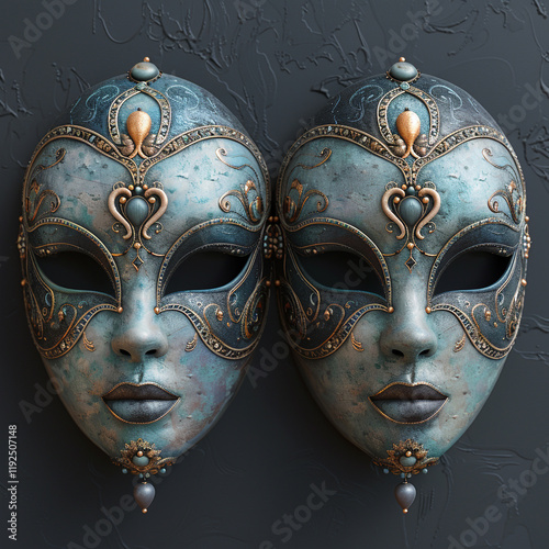 Two ornate Venetian-style masks, teal and gold, against a dark background. photo