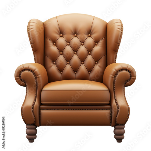 Elegant Brown Leather Armchair with Tufted Design Isolated on Transparent Background