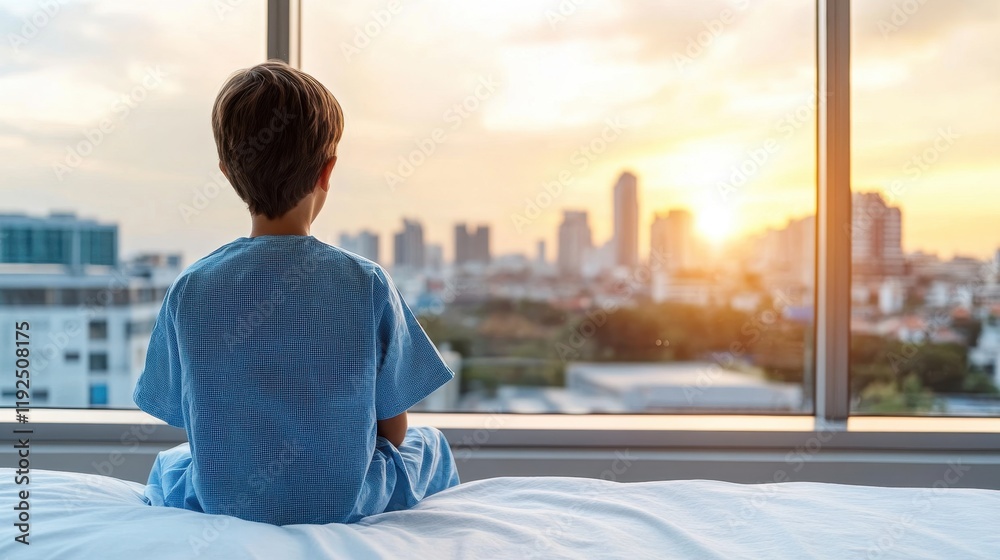 Fototapeta premium A child in a hospital gown gazes out the window at a sunset over the city skyline, evoking feelings of hope and contemplation.