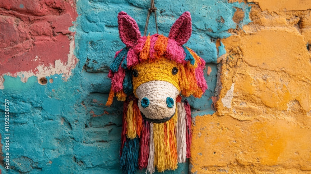 Obraz premium Colorful pinata stands against a vibrant yellow wall in a sunny outdoor setting