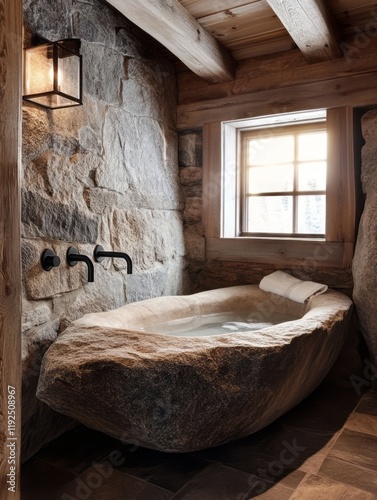 Stone bathtub in rustic woo...