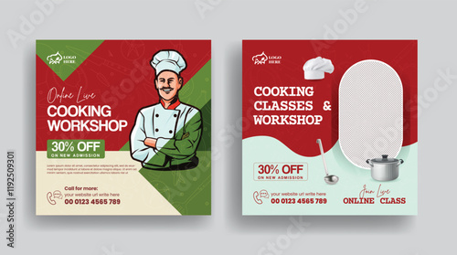 Restaurant chef job hiring, culinary training center and online cooking school class social media posts banner set, ads template or square flyer with chef flat illustration bundle design