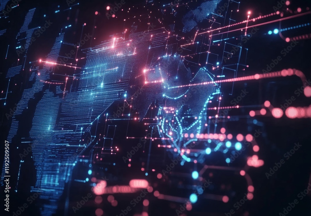 Abstract world map with glowing connections and global network concept on a dark background Abstract world map with glowing connections and global network concept on a dark background