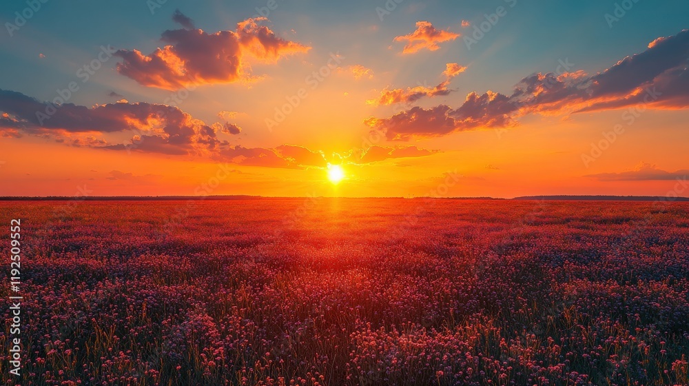 Fototapeta premium Stunning Sunset Over Vibrant Flower Field with Warm Colors and Dramatic Clouds Illuminating the Sky During Golden Hour in Serene Landscape