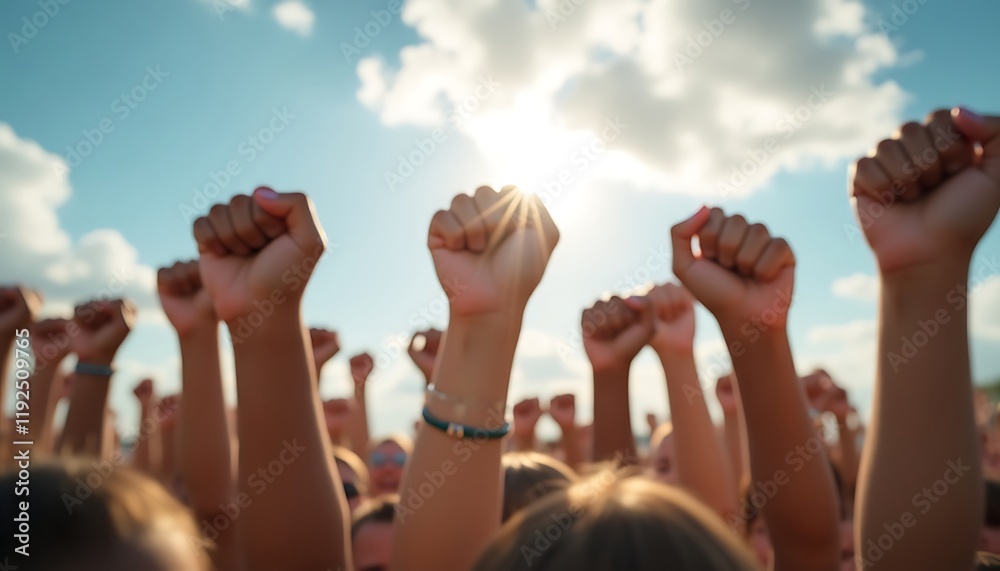 Fists raised up to the sky during a concert or political rally