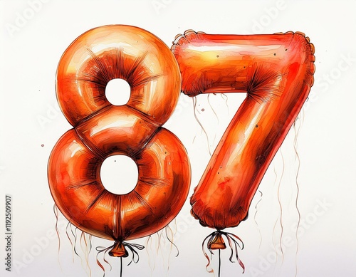 Orange birthday / anniversary party balloon, number 87, watercolor painting with white background photo