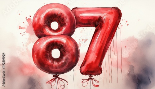 Red birthday / anniversary party balloon, number 87, watercolor painting with white background photo