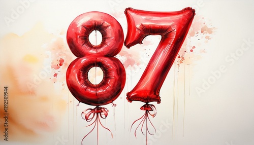 Red birthday / anniversary party balloon, number 87, watercolor painting with white background photo