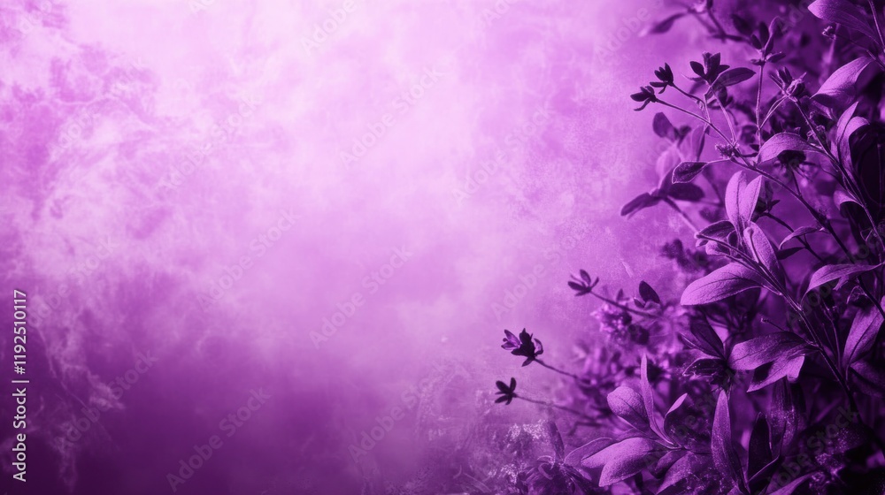 Fototapeta premium A vibrant purple background with soft textures, featuring dark purple leaves and delicate flowers on the right side.