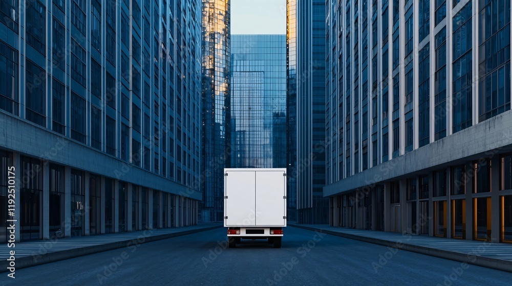 Obraz premium White Delivery Truck Driving Through Modern City Street