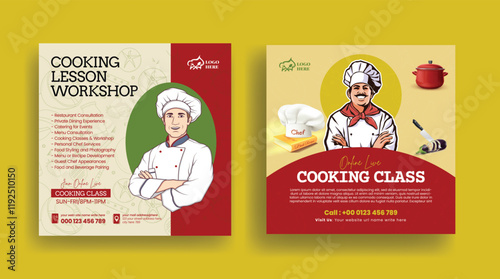 Set of online cooking class and chef job hiring social media posts banner, ads template, culinary training center social media banner or square flyer with chef flat illustration design