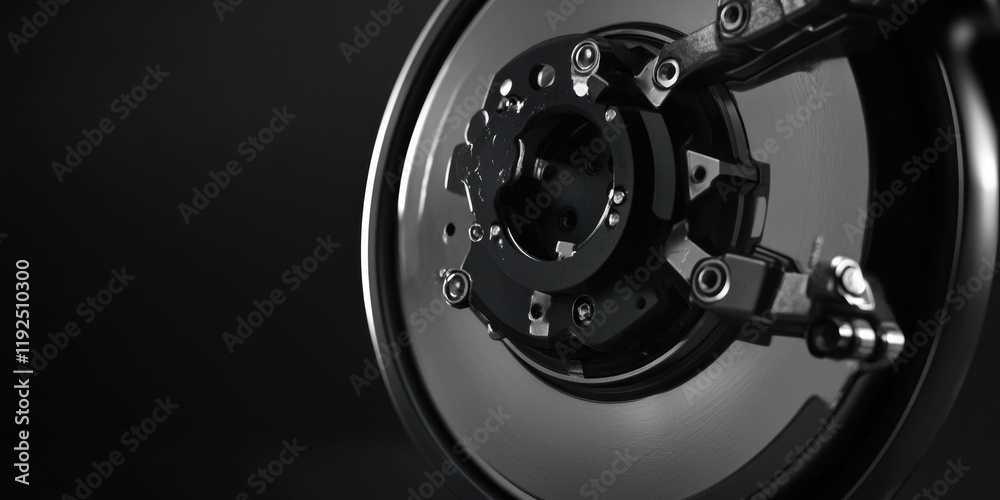 Fototapeta premium A close-up view of a motorcycle wheel on a dark, matte black background