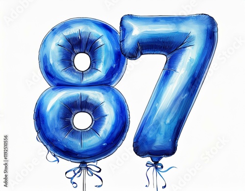 Blue birthday / anniversary party balloon, number 87, watercolor painting with white background photo