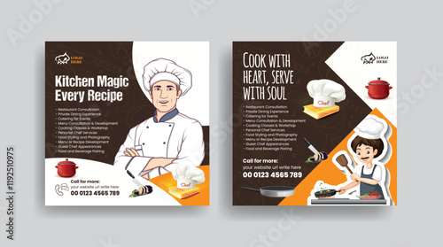Set of online cooking class and chef job hiring social media posts banner, ads template, culinary training center social media banner or square flyer with chef flat illustration design