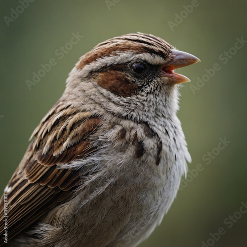 A sparrow fluffing up its feathers to look twice its size. photo