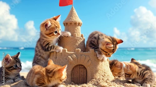 Playful kittens construct a sandcastle combining creativity and joy on a sunny beach