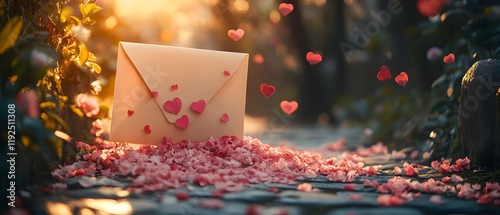 a vintage cream-colored envelope partially open, with a bouquet of heart-shaped flowers spilling out. the envelope rests on a stone bench surrounded by blooming pink blossoms and greenery.