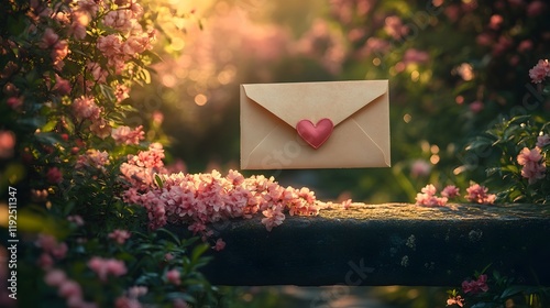 a vintage cream-colored envelope partially open, with a bouquet of heart-shaped flowers spilling out. the envelope rests on a stone bench surrounded by blooming pink blossoms and greenery.