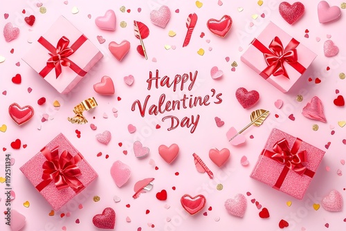pink gift boxes wrapped in red ribbons, surrounded by glittery red hearts, small arrows, and scattered confetti on a pastel pink background with “Happy Valentine’s Day” text. valentine banner design