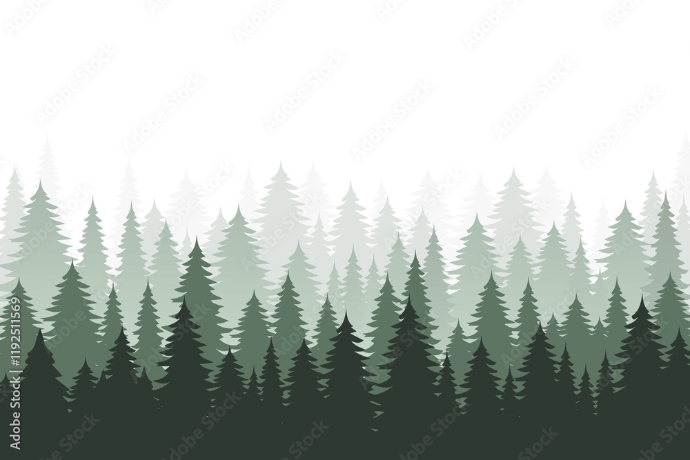 Fototapeta premium The forest landscape. Forest panorama with silhouettes of coniferous trees, pines, firs and fir trees. Background with evergreens. Foggy environment, landscapes.