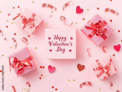 pink gift boxes wrapped in red ribbons, surrounded by glittery red hearts, small arrows, and scattered confetti on a pastel pink background with “Happy Valentine’s Day” text. valentine banner design