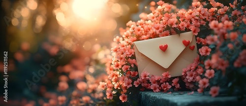 a vintage cream-colored envelope partially open, with a bouquet of heart-shaped flowers spilling out. the envelope rests on a stone bench surrounded by blooming pink blossoms and greenery.