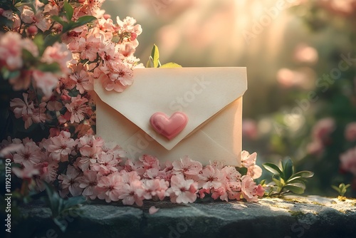 a vintage cream-colored envelope partially open, with a bouquet of heart-shaped flowers spilling out. the envelope rests on a stone bench surrounded by blooming pink blossoms and greenery.