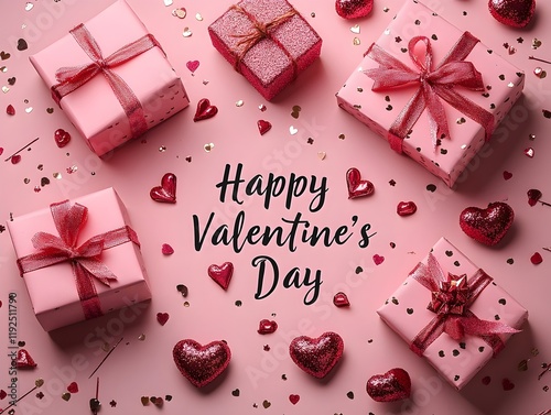 pink gift boxes wrapped in red ribbons, surrounded by glittery red hearts, small arrows, and scattered confetti on a pastel pink background with “Happy Valentine’s Day” text. valentine banner design